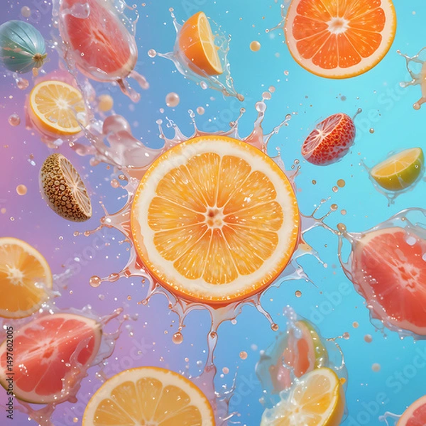 Fototapeta Seamless citrus fruit pattern with fresh orange and lemon slices
