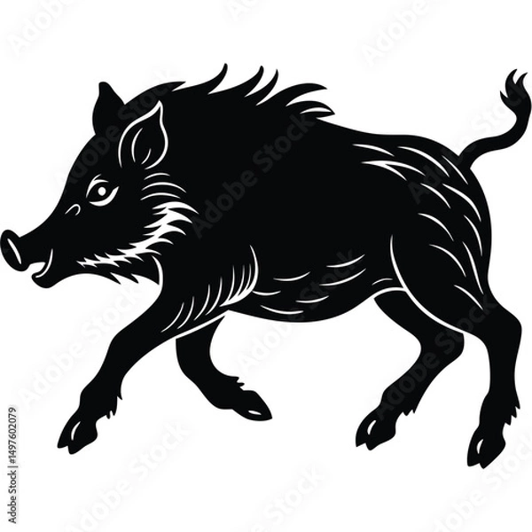 Obraz Powerful Silhouette of a Wild Boar, Running Wild Hog Illustration
