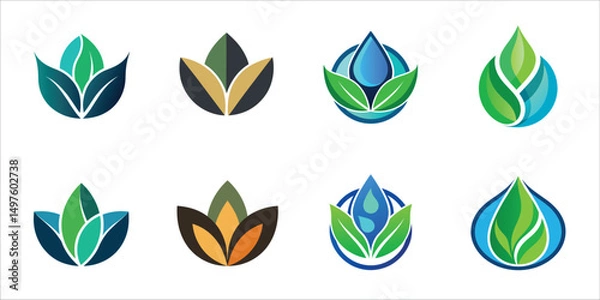Fototapeta Water Drop and Leaf Symbols for Wellness Brands