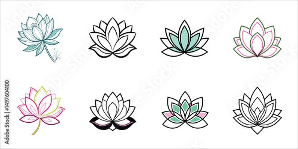 Fototapeta Set of lotus flower line art with white background 