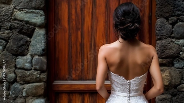 Fototapeta Elegant Bride Back View Near Stone Wall and Wooden Door