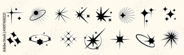 Fototapeta Y2K star icon set with sparkle, glitter, and twinkle effects. Includes abstract bursts, shiny symbols, luxury glint, and minimal silhouettes. Perfect for retro graphic designs.