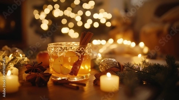 Obraz Cozy Christmas spiced apple cider drink by candlelight.