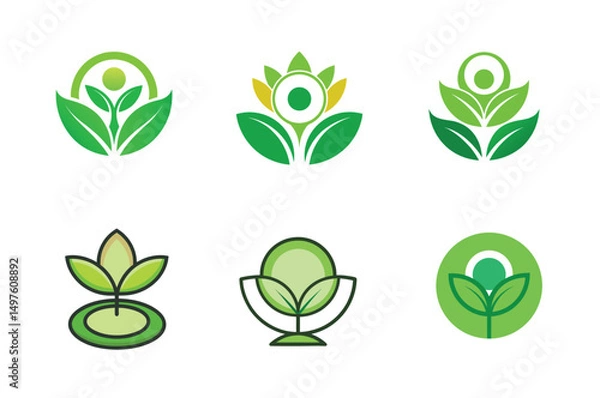 Fototapeta Set of stylized green leaves logo in circle 