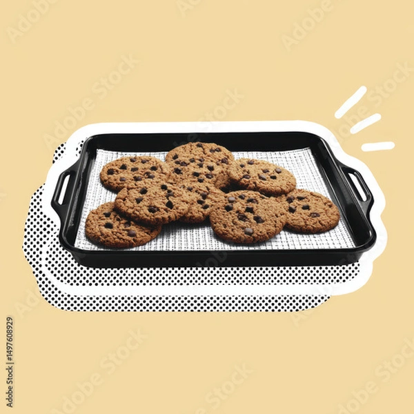 Obraz Chocolate chip cookies on black baking tray with textured liner, fresh and delicious