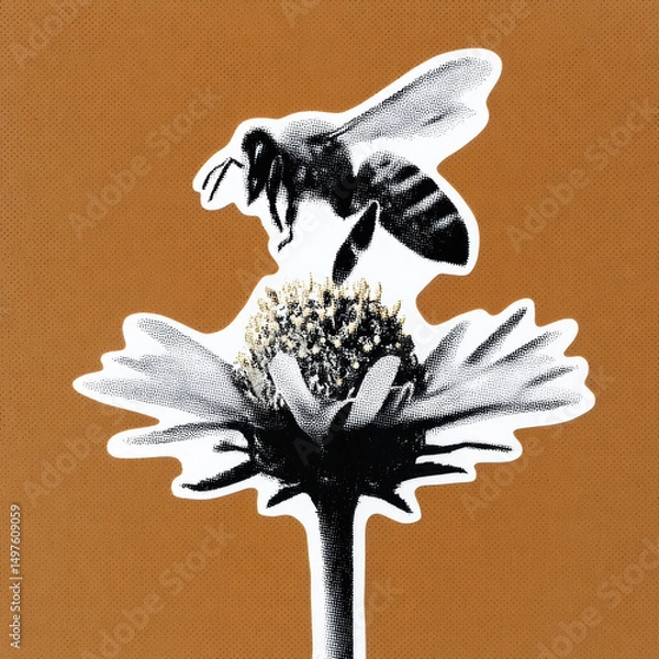 Obraz Bee hovering over flower with halftone dots effect on brown background, artistic and detailed