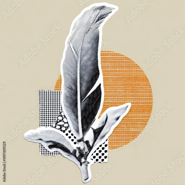 Obraz Feather bird gently curved with halftone dots and orange circle background in monotone style