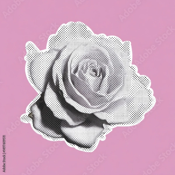 Obraz Black and white blooming rose with curling petals in halftone dots on pink background