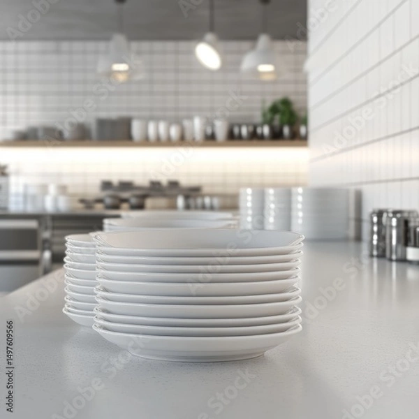 Fototapeta Clean, stacked plates on a countertop in a modern cafe