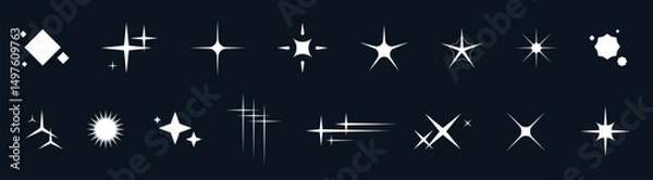 Fototapeta Y2K star icon set with glitter, sparkle, and glow. Features retro shapes, twinkle bursts, shiny pictograms, constellation elements, and geometric doodles. Perfect for modern or vintage designs.