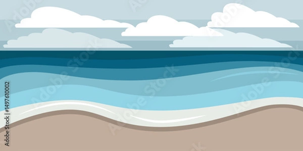 Fototapeta Horizontal seascape with big waves, cloudy sky, clouds. Stormy sea. Storm in the ocean. White foam on the waves. Flat illustration style.