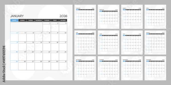 Obraz Monthly calendar blue square planner schedule for 2026 year. Week Starts on Sunday