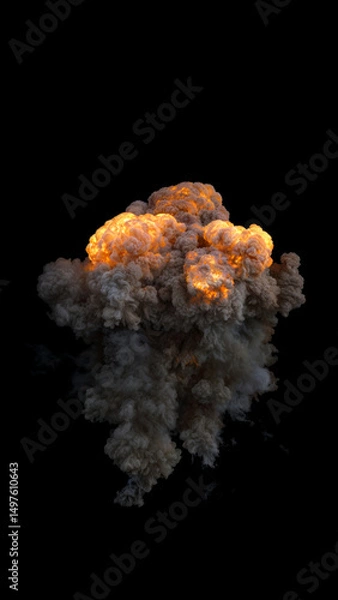 Fototapeta Very Dense Large Aerial Explosion cloud in varying Orange and Grey with Billowing and turbulent Smoke on a black background