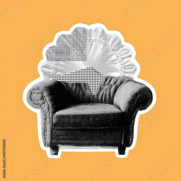 Obraz Cozy armchair with decorative doily in halftone dots style on orange background