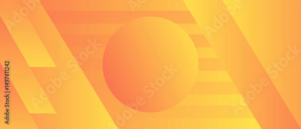 Fototapeta Abstract gradient background with stripes, round, triangles. Bright orange and yellow gradients. 3D modern style backdrop for design advertising booklets, flyers, web. Horizontal minimalists banner.