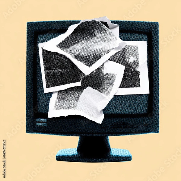 Obraz Old computer monitor with torn black and white halftone photos stuck on screen in vintage style