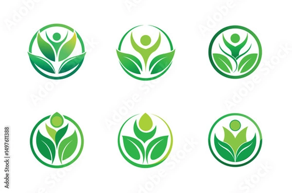 Fototapeta Set of stylized green leaves logo design on circle 