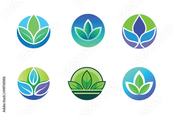 Fototapeta Set of stylized green leaves logo on circle 