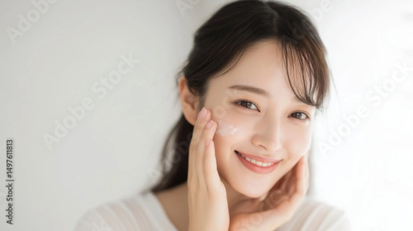 Obraz 肌にスキンケアクリームを塗る日本人女性の笑顔クローズアップ、自然光で際立つ素肌と透明感（美容・コスメ・スキンケア・広告）