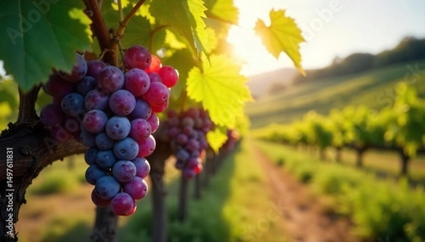 Fototapeta Sun-drenched grapes hang heavy on the vine, ready for harvest and the transformation into delicious homemade grapevine wine  A picturesque scene of rural winemaking , bottle, grapevine