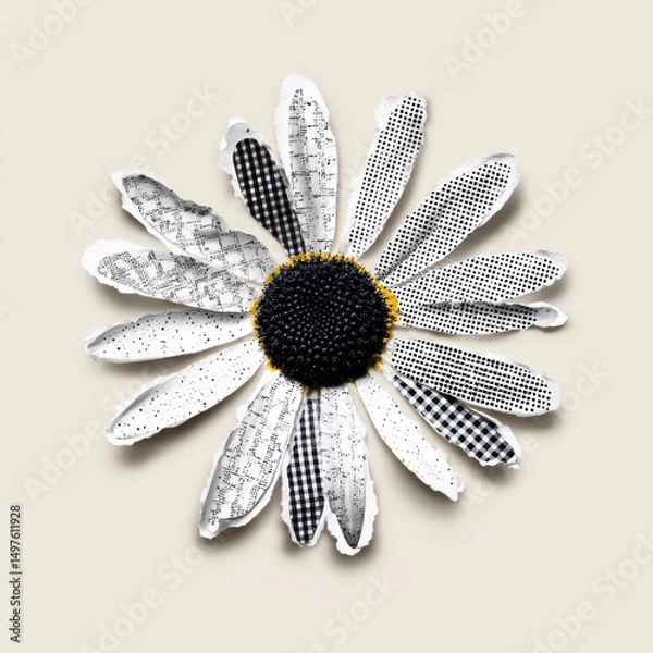 Obraz Black and white daisy flower with patterned petals and halftone dots on beige background