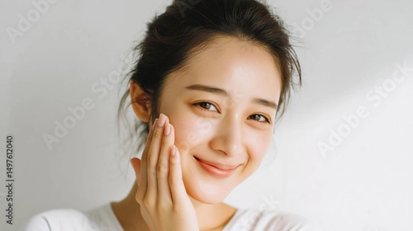 Obraz 頬にふれる日本人女性の明るい笑顔、素肌感と清潔感が伝わる美容ビジュアル（美容・コスメ・スキンケア・広告）