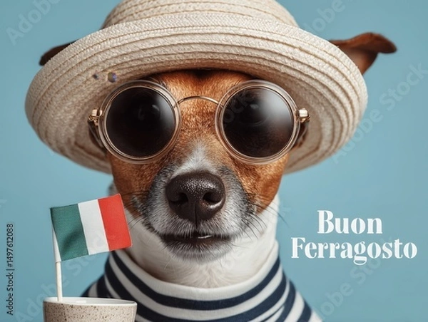 Fototapeta Stylish Dog in Summer Outfit Celebrating Ferragosto Holiday
