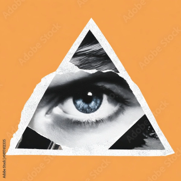 Obraz Blue eye inside torn triangle collage with halftone dots on orange background