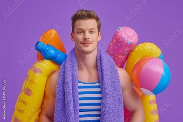 Fototapeta Retro Summer Vibes: Smiling Man with Beach Toys and Inflatable Floats