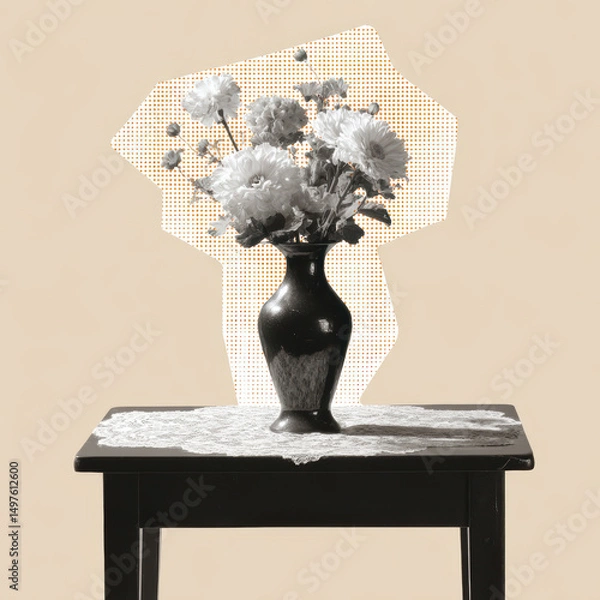 Obraz Black vase with white flowers on lace covered table with halftone dot background