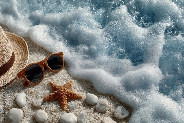 Fototapeta Seaside Escape with Straw Hat, Sunglasses and Starfish on White Sand
