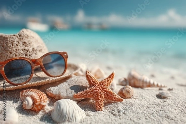 Fototapeta Seaside Escape with Straw Hat, Sunglasses and Starfish on White Sand