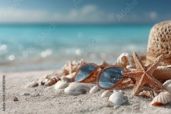 Fototapeta Seaside Escape with Straw Hat, Sunglasses and Starfish on White Sand