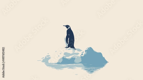 Fototapeta The image is a digitally created illustration or painting depicting a single penguin standing on a small iceberg. The iceberg is rendered with subtle shading and textural cues, suggesting a smooth.