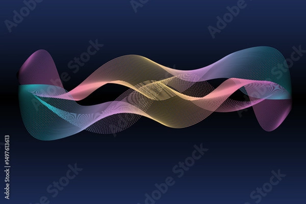 Fototapeta Abstract horizontal background with gradient waves figure lines. Minimalistic back creating dynamic visual effect. Trendy volumetric 3d stripes design on dark background. Features vector backdrop.