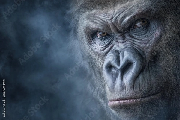 Fototapeta Portrait of a gorilla, dark blue background and fog.