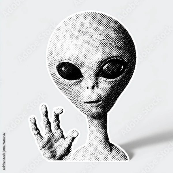 Obraz Alien head with large eyes and hand raised in greeting in halftone style