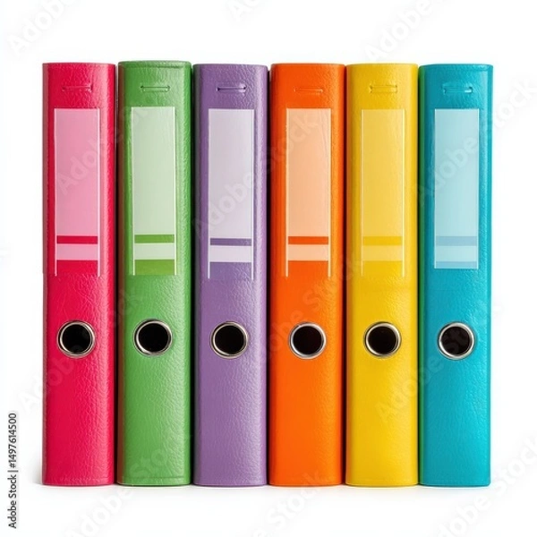 Fototapeta Colorful lever arch files stand in a row against a white background.