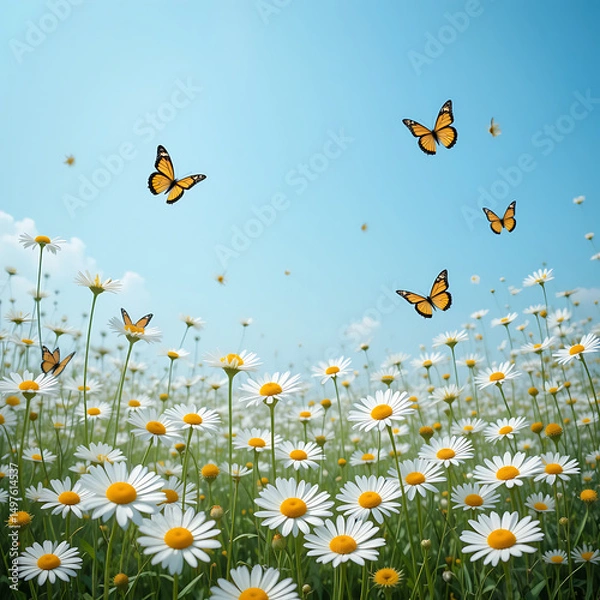 Fototapeta Butterflies and flowers in a seamless spring meadow design