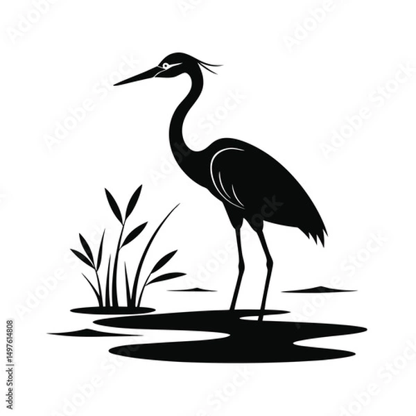 Fototapeta Elegant black silhouette of a heron standing in water with reeds on white background