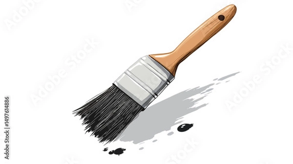 Fototapeta A digital illustration of a paintbrush with a wooden handle and black bristles. The brush is depicted at a dynamic angle, suggesting movement. Black paint is visible on the bristles and a dynamic,.