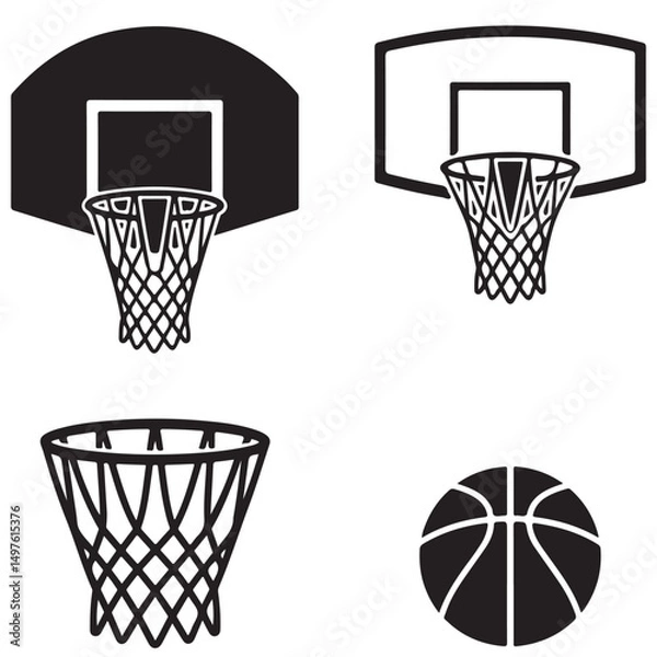 Obraz Basketball hoop, basketball and goal,  net, ring icon silhouettes set