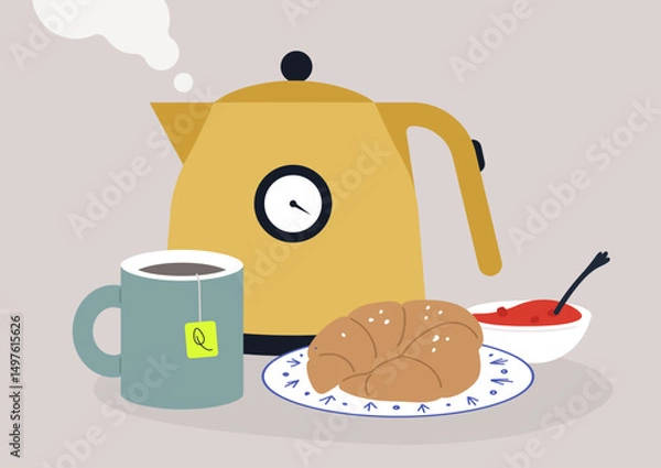 Obraz A cheerful setting awaits with a yellow kettle steaming beside a fragrant cup of tea, Croissants sit on a plate, complemented by a small bowl of vibrant strawberry jam, perfect for indulgence