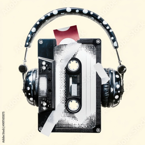 Obraz Vintage cassette tape with polka dot headphones and tape pieces, nostalgic music concept