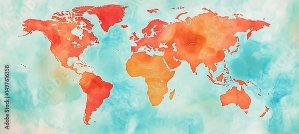Fototapeta World Map Showing Global Regions Turning Red Due To Intensifying Heat Waves And Escalating Climate Change Impacts
