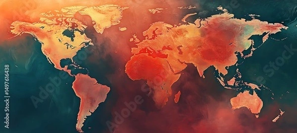 Fototapeta World Map Showing Global Regions Turning Red Due To Intensifying Heat Waves And Escalating Climate Change Impacts