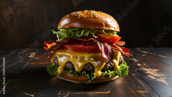 Fototapeta Delicious Gourmet Burger Stack with Melting Cheese and Fresh Toppings.
