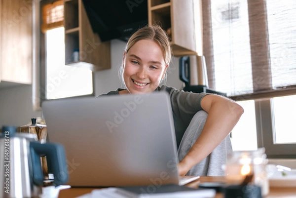 Obraz  Gen Z woman working from home at cozy kitchen table with laptop and phone. Digital nomad lifestyle, mindfulness, remote work, balance, mental calm and modern freelancing