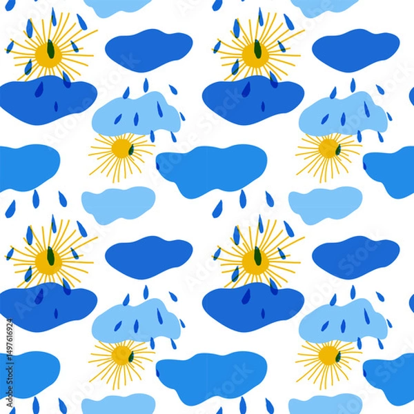 Obraz Seamless pattern of yellow sun and clouds of different shades of blue with raindrops in children's style hand drawn for posters, cards, stickers. Seamless pattern on pastel soft blue background