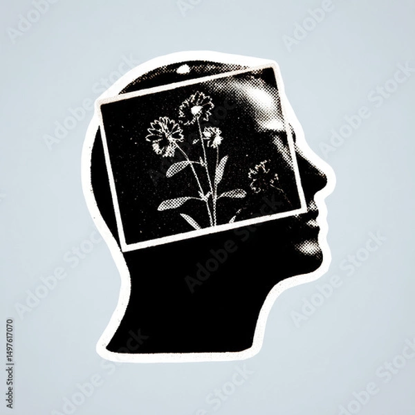 Obraz Black silhouette head with flowers growing inside, artistic halftone style design